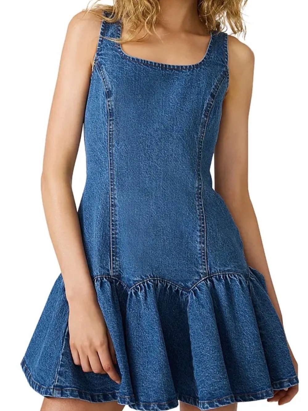 Steve Madden Blue Denim Sleeveless Ruffle-Hem Mini Dress